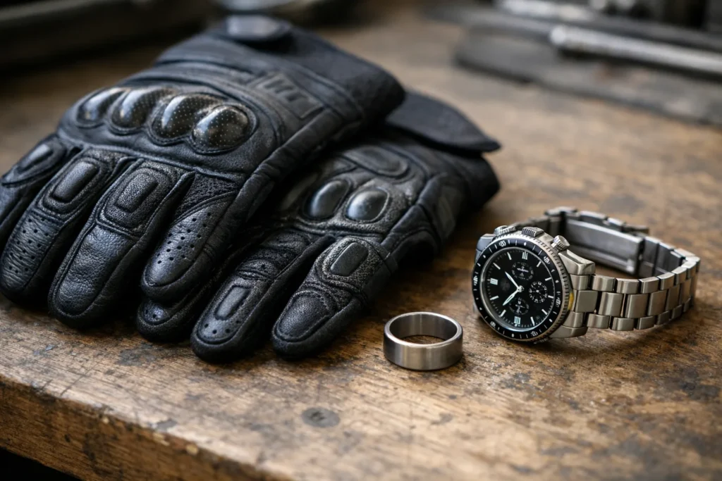 Gants de moto posés à côté d’une bague et d’une montre retirées avant le départ.