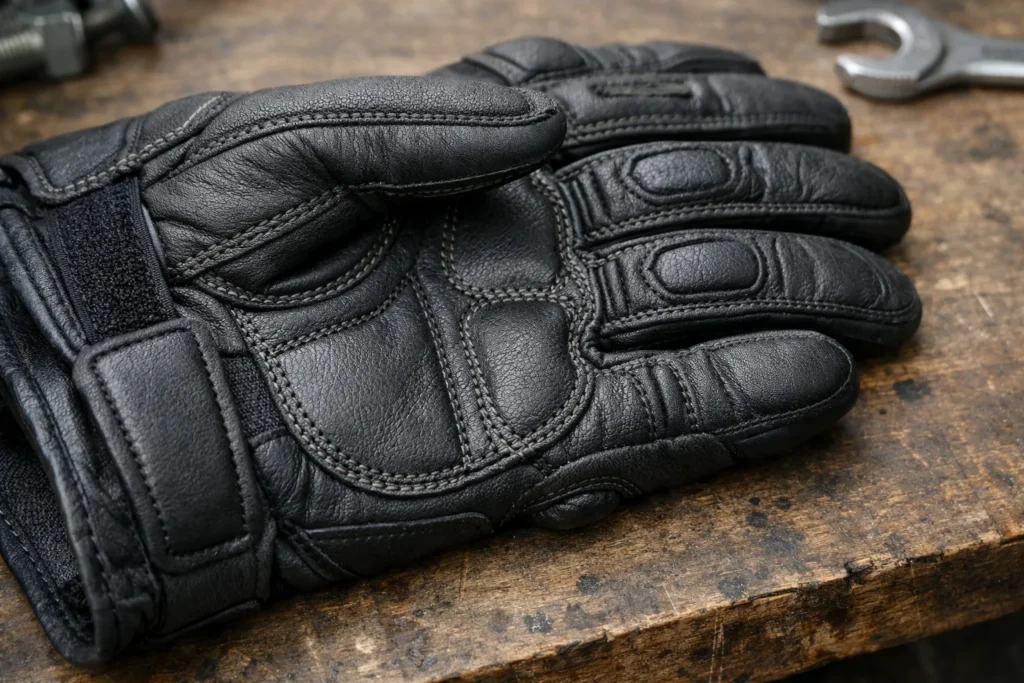 Gros plan sur les coutures de la paume et des doigts d’un gant moto noir.