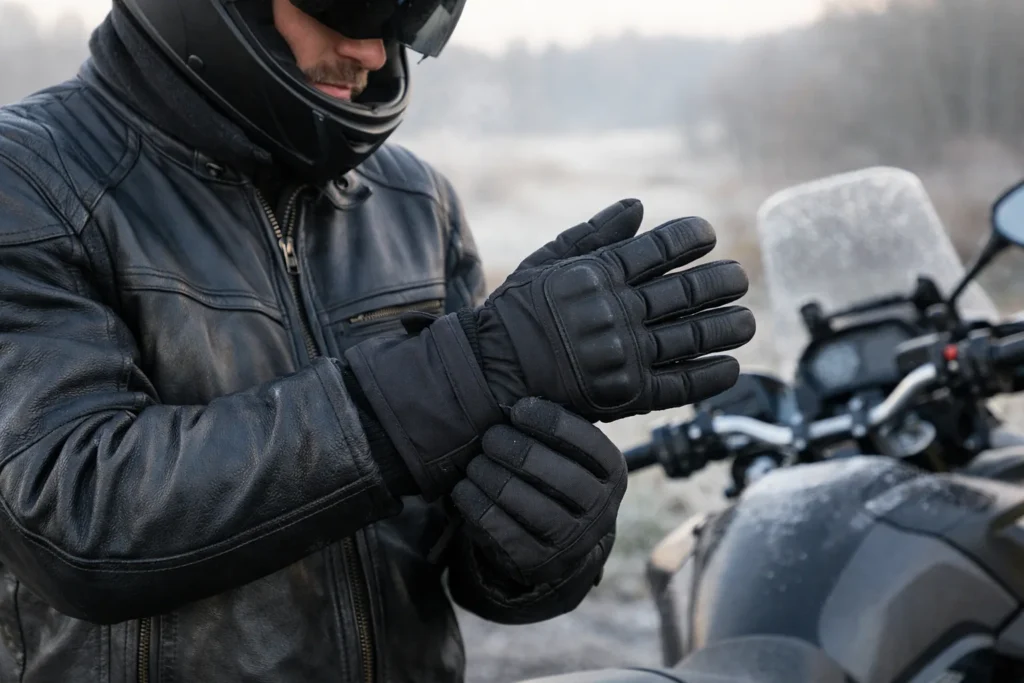 Motard à l’arrêt qui ajuste la manchette d’un gant d’hiver près du guidon de sa moto.
