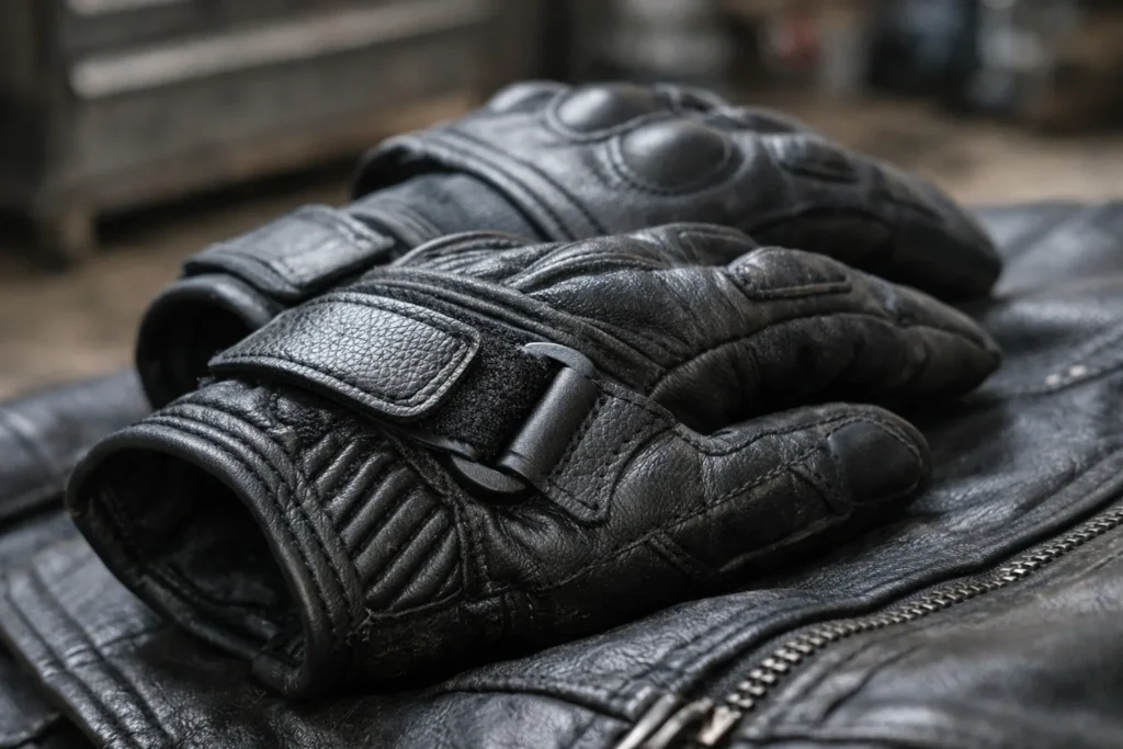 Gros plan sur la patte de serrage au poignet d’un gant de moto posé près d’un blouson.