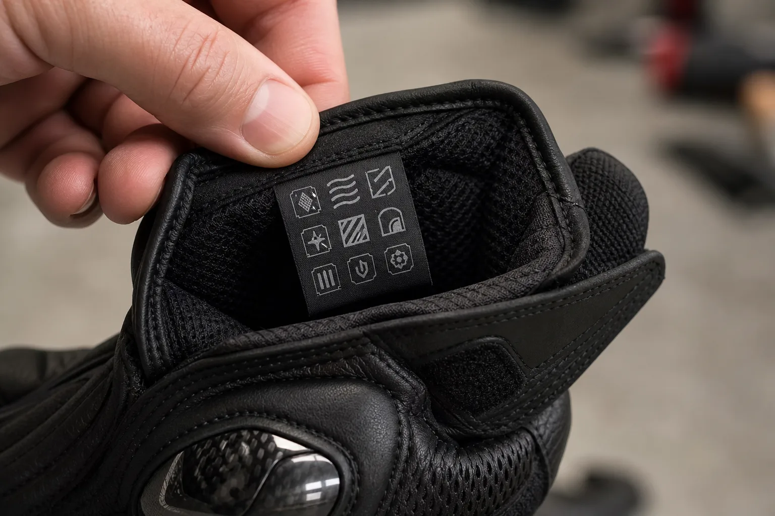Gros plan sur l’étiquette intérieure et la coque d’un gant de moto.