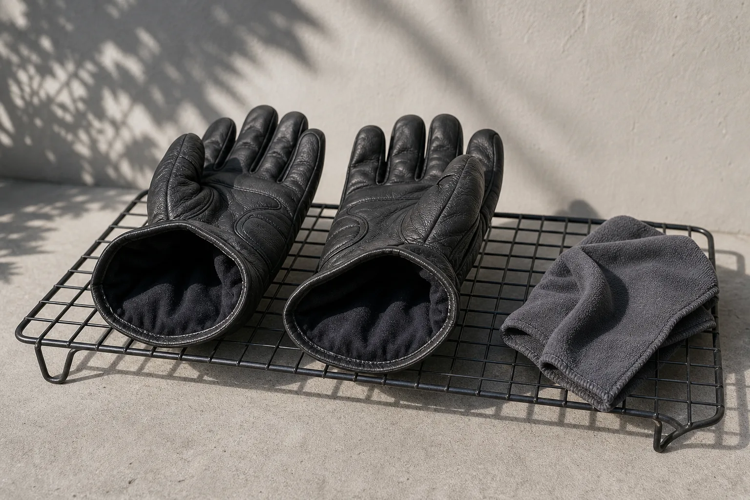 Gants de moto ouverts qui sèchent à l’air libre à l’ombre.
