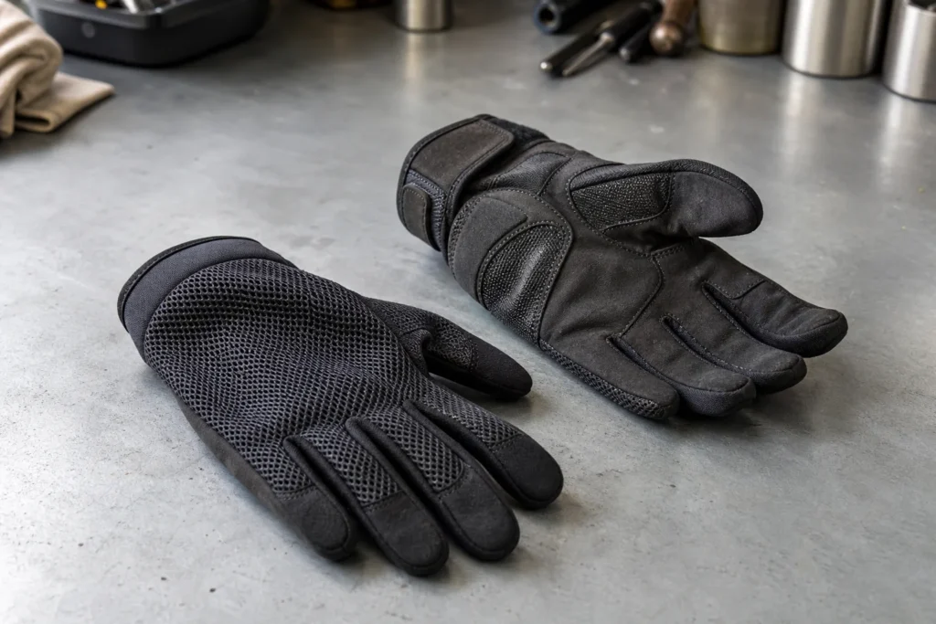 Gants de moto d’été en mesh avec paume renforcée posés sur un établi.