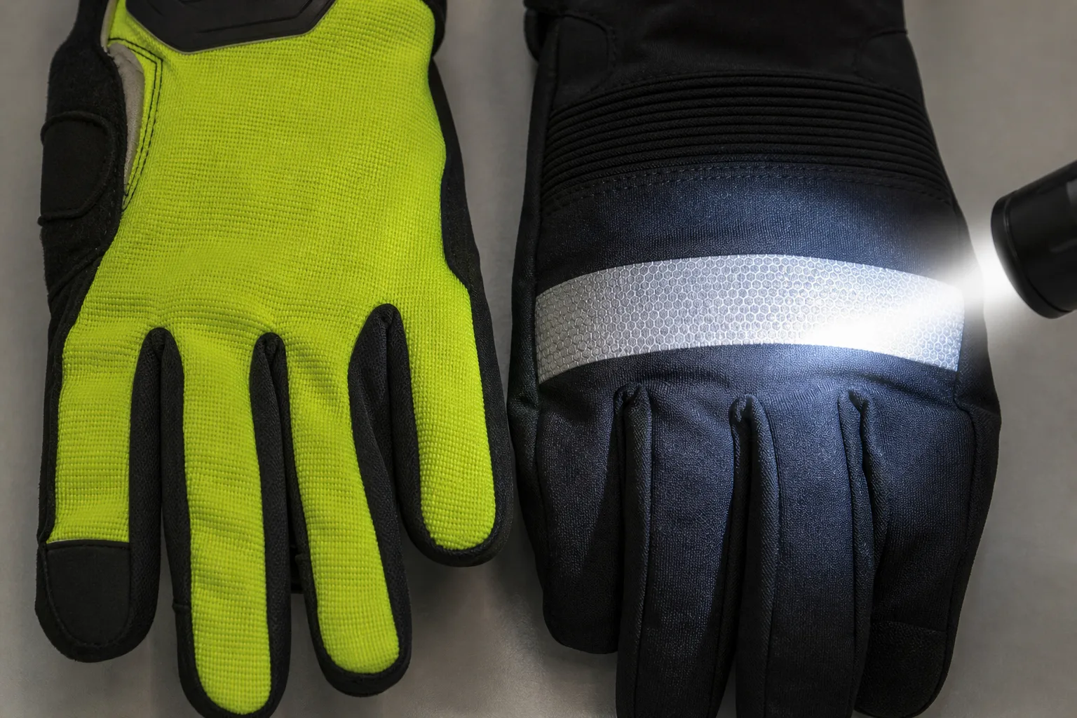 Deux gants de moto comparés, l’un avec un textile fluorescent et l’autre avec une bande rétro-réfléchissante éclairée.