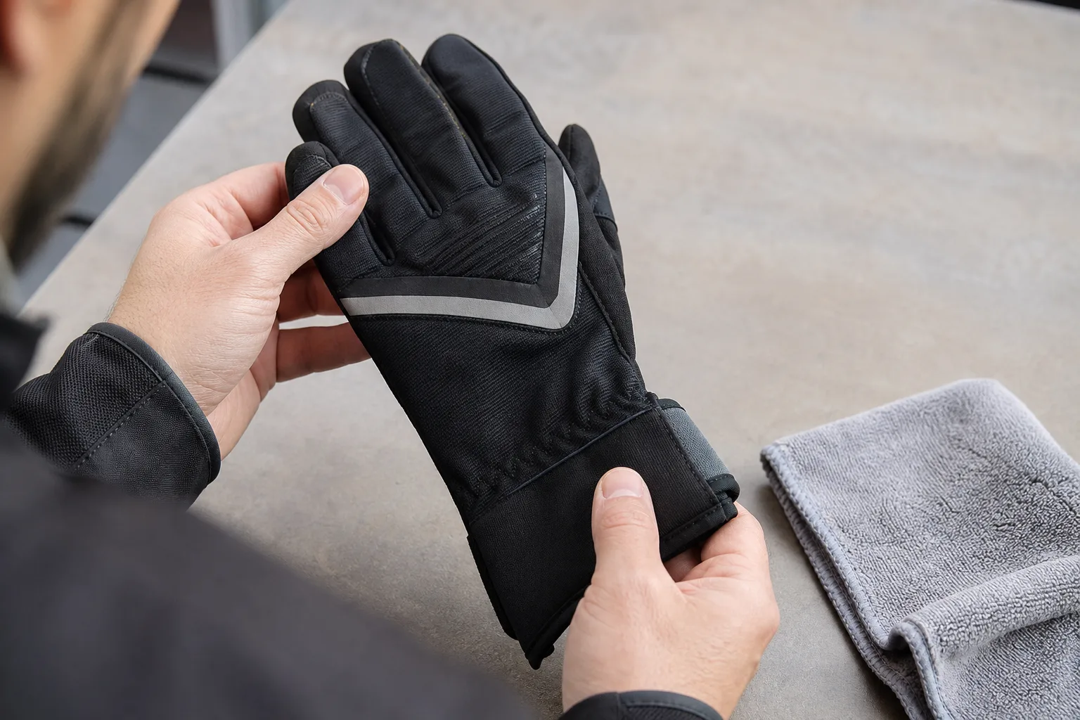 Une personne examine la bande réfléchissante et les coutures d’un gant de moto propre.