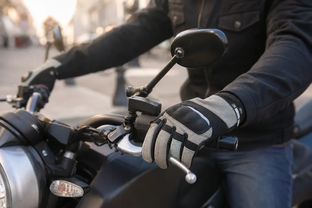 Mains gantées posées sur le guidon d’une moto, avec des panneaux de couleur contrastée et des détails réfléchissants.