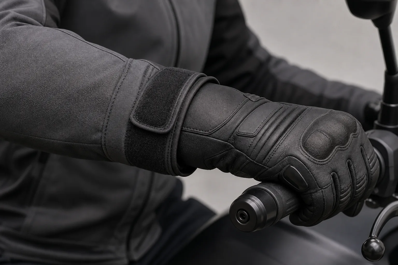 La manche d’un blouson moto recouvre le haut d’un gant à manchette longue au niveau du poignet.