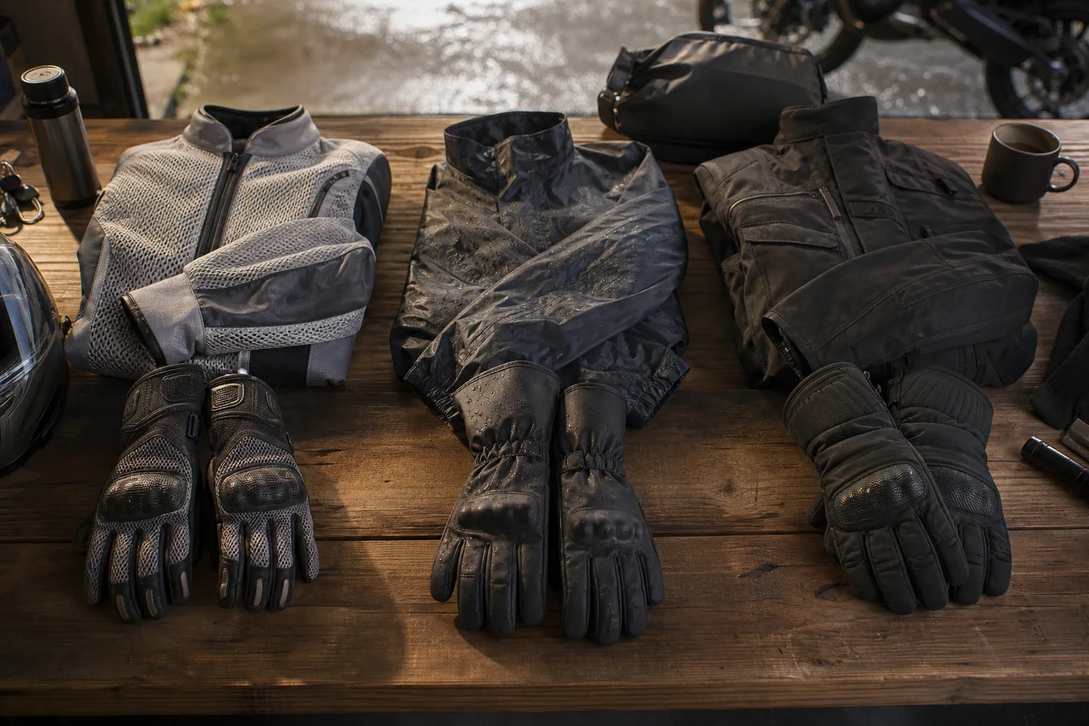 Trois paires de gants moto de constructions différentes disposées avec une veste légère, une veste de pluie et un blouson chaud.