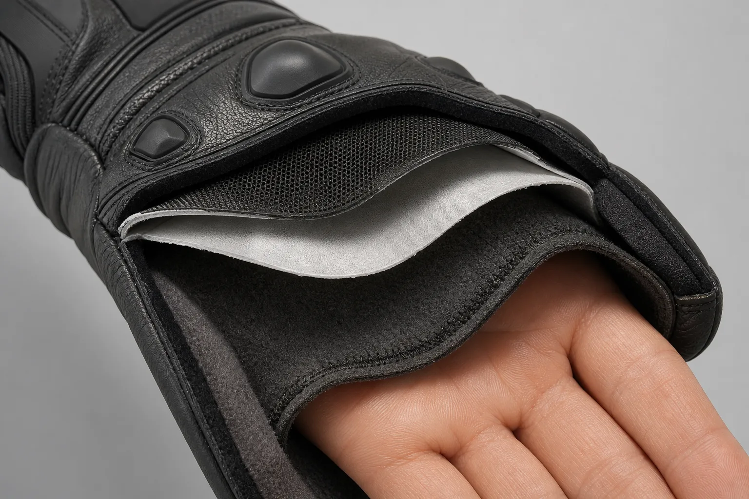 Coupe d’un gant de moto présentant ses couches extérieure, intermédiaire et intérieure.