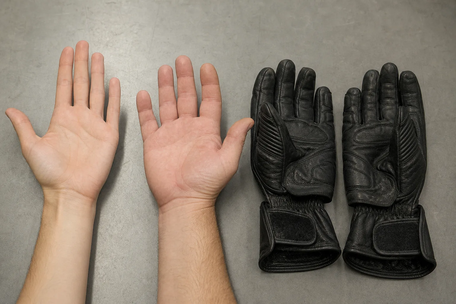 Deux mains de morphologies différentes à côté de gants moto ouverts.