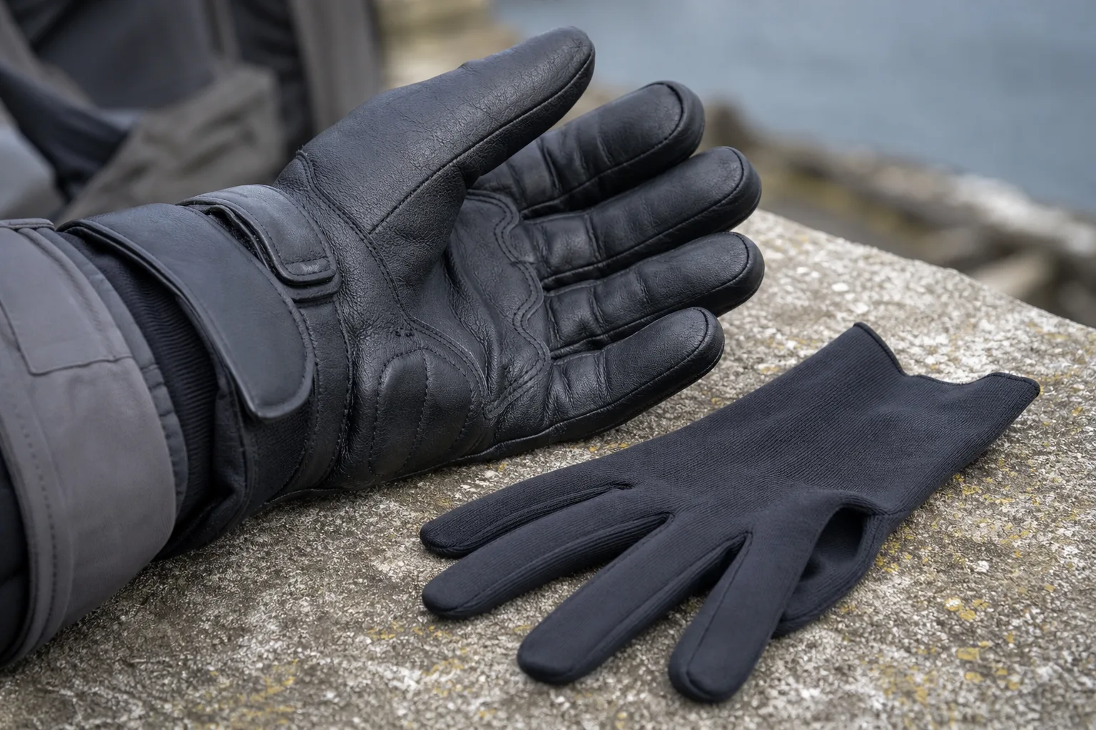 Gant moto isolant et sous-gant fin présentés près d’une manche de veste.