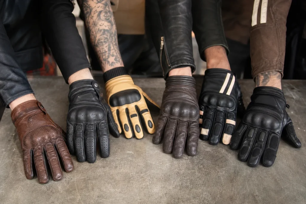 Mains de formes différentes comparées à côté de gants moto ouverts.