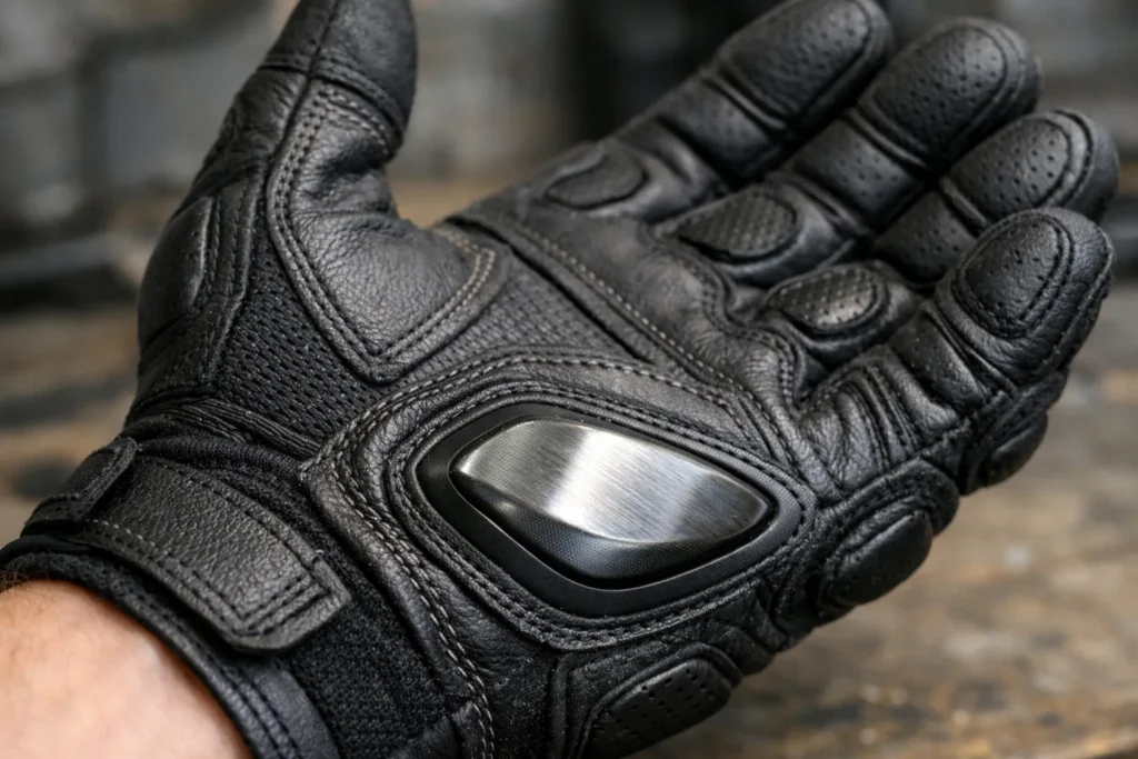 Gant de moto retourné, avec un slider de protection visible près du talon de la paume.