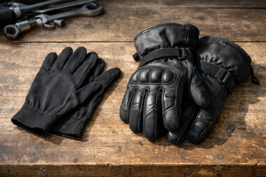 Sous-gants fins en textile posés à côté d’une paire de gants de moto d’hiver.