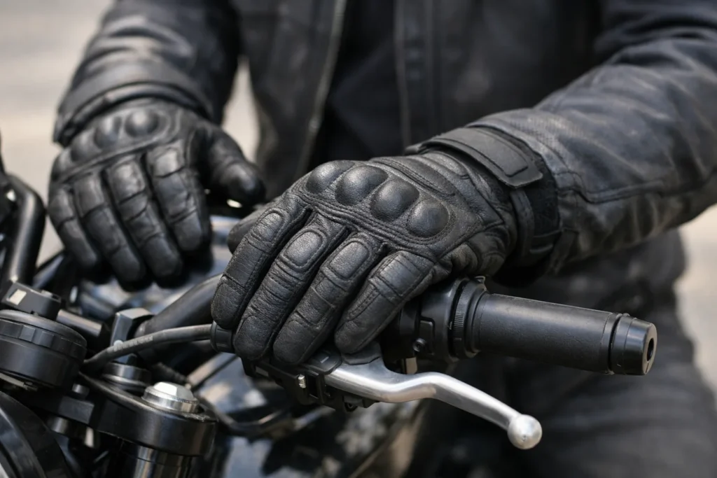 Mains gantées posées sur les poignées d’une moto à l’arrêt, avec la paume des gants visible.